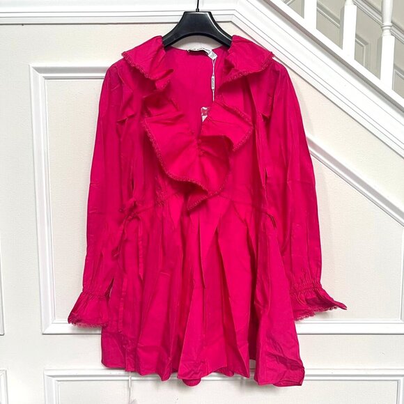 NWT Self-Portrait Fuchsia Pink Lace Ruffled Cotton-poplin Mini Dress 4 - Picture 4 of 16